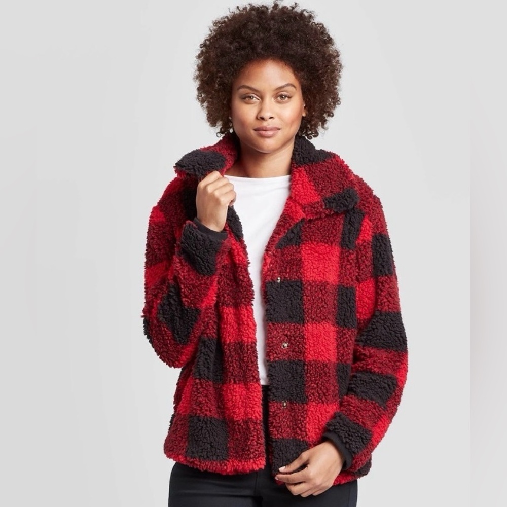 Knox Rose Buffalo Check Plaid Sherpa Jacket - Red and Black, Women’s M